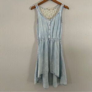 🦋 Blue Denim Bleach Distressed High Low Mini Dress Country Casual Summer Medium